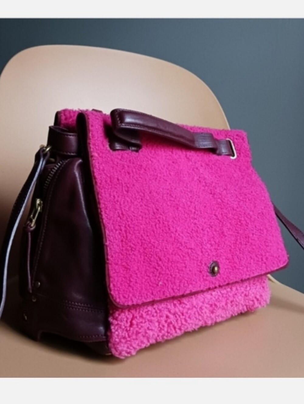 Jerome Dreyfuss Johan Pink Sherpa/ Burgundy Leather Crossbody Bag. - Picture 8 of 16